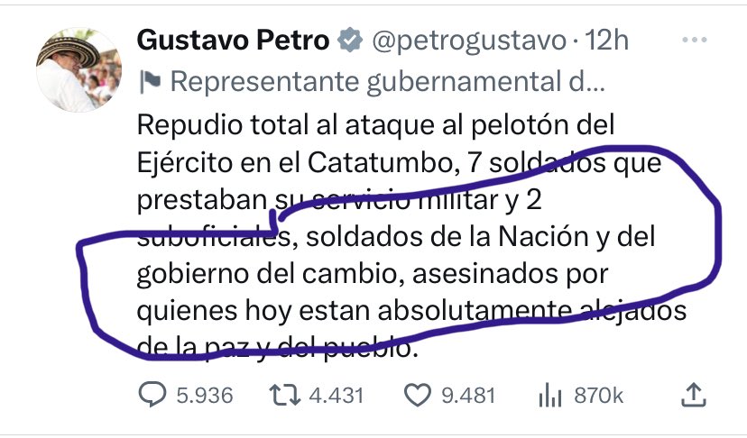 saludhernandezm's tweet photo. Miren lo que escribe @petrogustavo . Dice que los asesinados eran “soldados de la nación y del gobierno del cambio”. No señor. Son soldados de Colombia, de izquierda, derecha, centro, creyentes, ateos etc Preocupante que se apropie de instituciones. https://t.co/i8E9RjE6TE