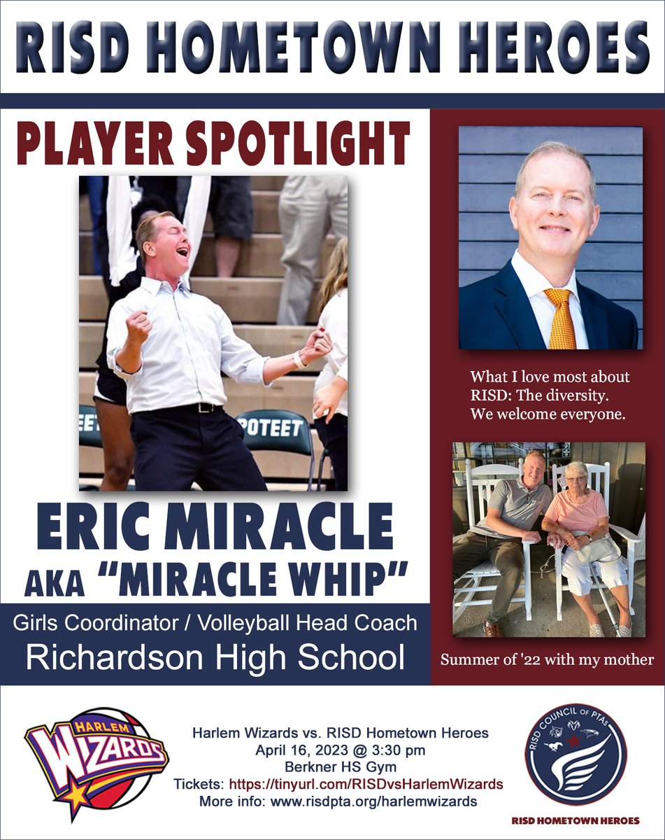 risdpta's tweet photo. @RichardsonHS1 we are excited to welcome Eric Miracle to the RISD Hometown Heroes team! ✅Come cheer on "MIRACLE WHIP" as he takes on the @harlemwizards @ Berkner HS gym on April 16! https://t.co/CbmywUhKJD
#RISDvsHarlemWizards 
#RISDHometownHeroes
#harlemwizards 
#slamtastic https://t.co/RnMjO07IuY