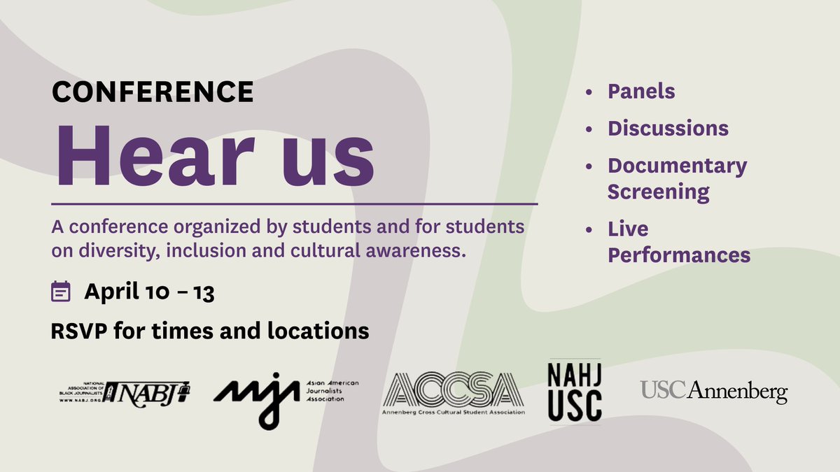 USCAnnenberg's tweet photo. The Annenberg Cross-Cultural Student Association, @USCNABJ, @NAHJUSC &amp; @aaja host “Hear Us,” a series of panel discussions. Networking, live entertainment, a screening  of a documentary with Journalism Professors @mikiturner &amp; @scholder and plenty of food! https://t.co/HKAAmA8eJM https://t.co/iaDXXqp6vO
