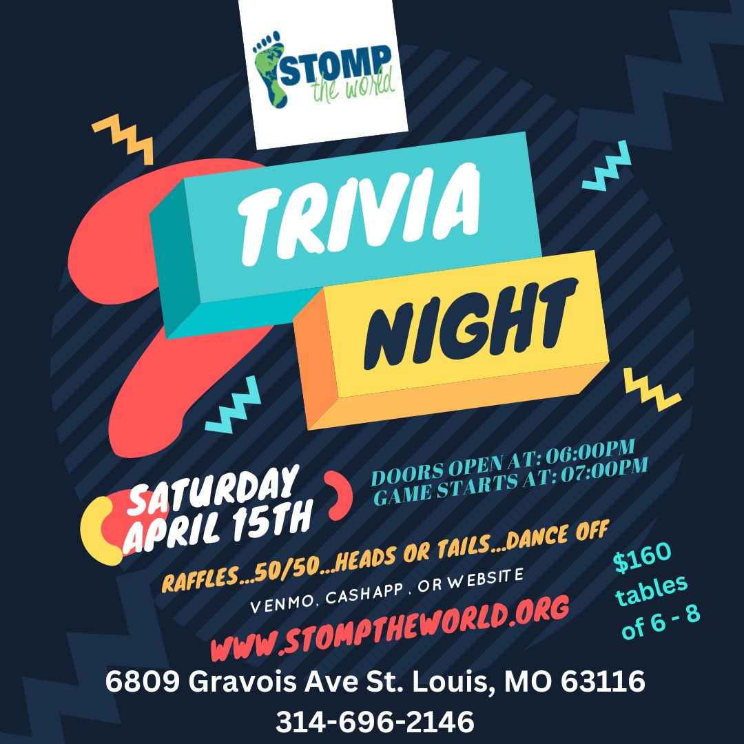 stomptheworld's tweet photo. Join us 4/15 for the return of our Trivia Night! Help us raise funds for our summer program. https://t.co/IvYhFAJZhs #fundraiser #stl #stlnonprofit #STLTrivia #trivianight https://t.co/S5WKQERG03