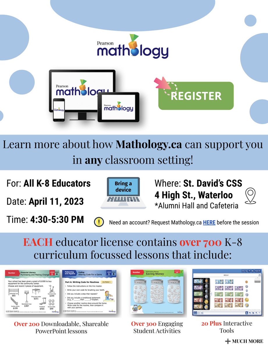 📢#WCDSBAwesome Educators 
➡️ bit.ly/MathologyInPer… 
🗓️April 11, 2023 | 4:30-5:30 PM | St. David CSS
👥Join us to learn💡more about how Mathology.ca can support K-8 math learning! #thanks to our guest <a href="/PearsonMatholo1/">@PearsonMathology</a> presenters <a href="/WCDSBLearns/">WCDSBLearns</a> <a href="/WCDSBNewswire/">WCDSB</a>