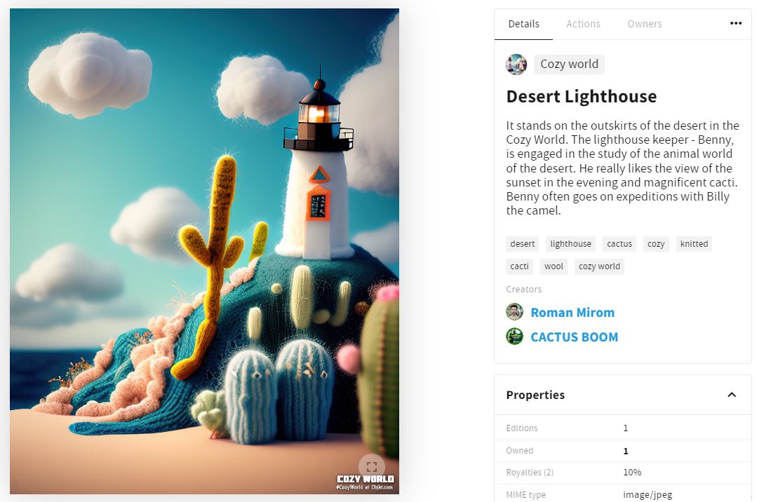 💜🌵 Desert lighthouse 🌵💜
It stands on the outskirts of the desert in the #CozyWorld. The lighthouse keeper - Benny. He really likes the view of the sunset in the evening and magnificent cacti. 

3 $XTZ
#objktNFT #TezosNFTs 
Collab with #CactusBoomtez 

objkt.com/asset/KT1HMD8c…