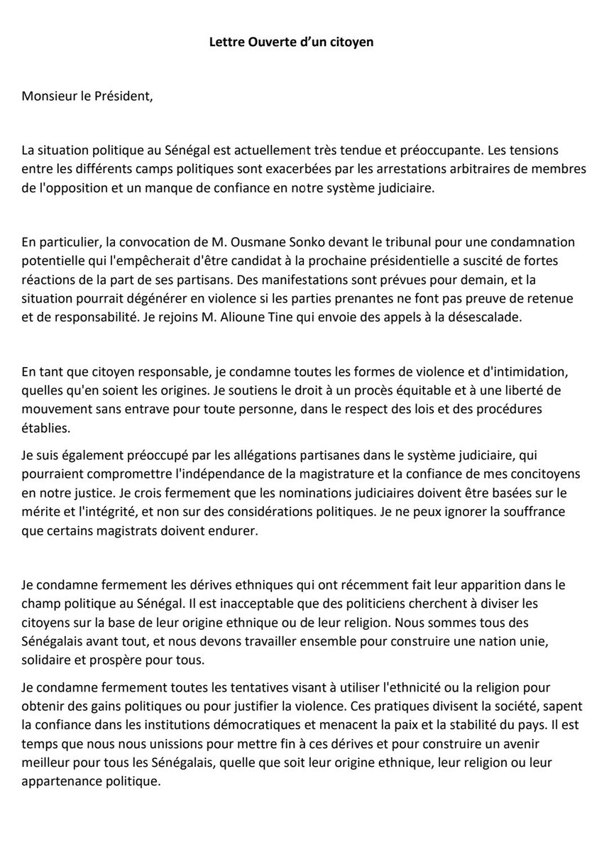 Papeplace's tweet photo. Lettre Ouverte

@djigane @DivanCitoyen merci pour ce space. Beaucoup se reconnaîtront dans cette lettre... ; Ma contribution :

#kebetu
@aliounetine16
@SonkoOfficiel @bathiedrizzy @Nabyleu @PR_Senegal @Niintche @PapeSidy https://t.co/3mMYsu4lDu