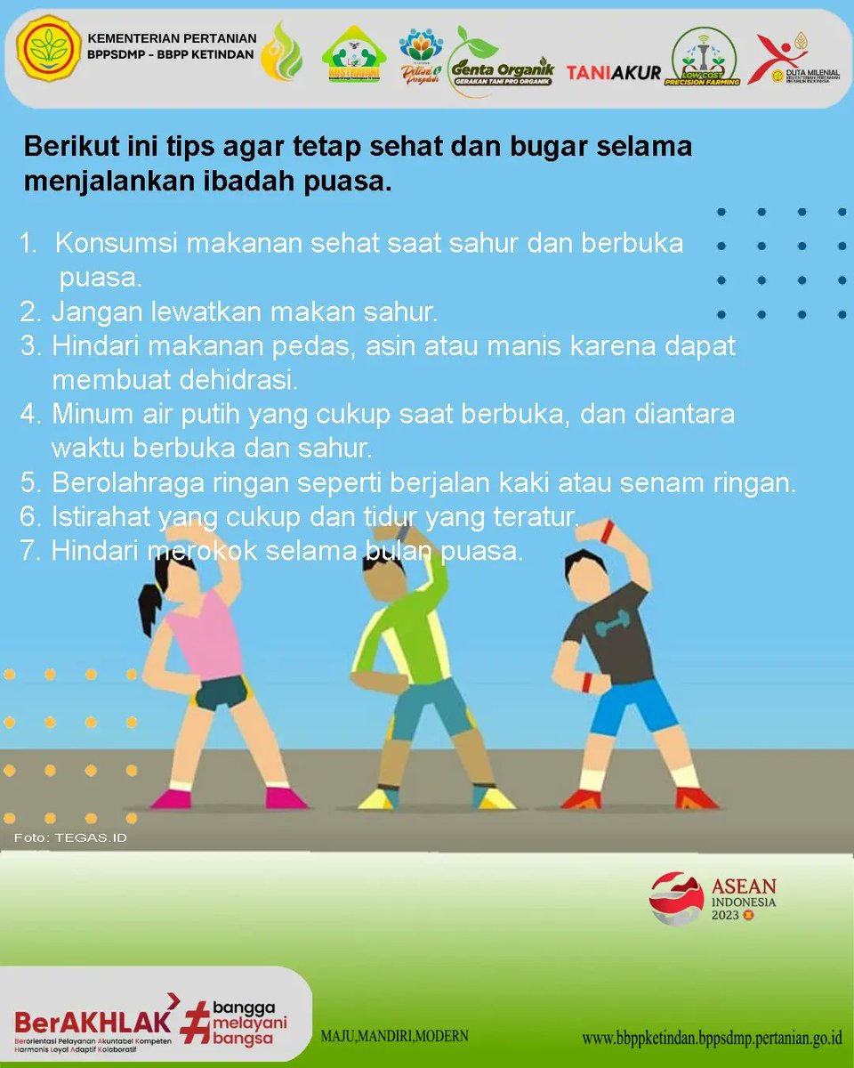 bbppketindan's tweet photo. Selamat pagi SobaTani Ketindan!
Semangat menjalankan ibadah puasa ygy 💪
Bagi SobaTani yang sedang menjalankan ibadah puasa, nih mimin kasih tips sehat dan bugar selama berpuasa agar tubuh tetap fit.
Skuy simak postingan berikut!
#infobbppketindan
#tipspertanian
#sehatbugar https://t.co/8j10N5bFvA