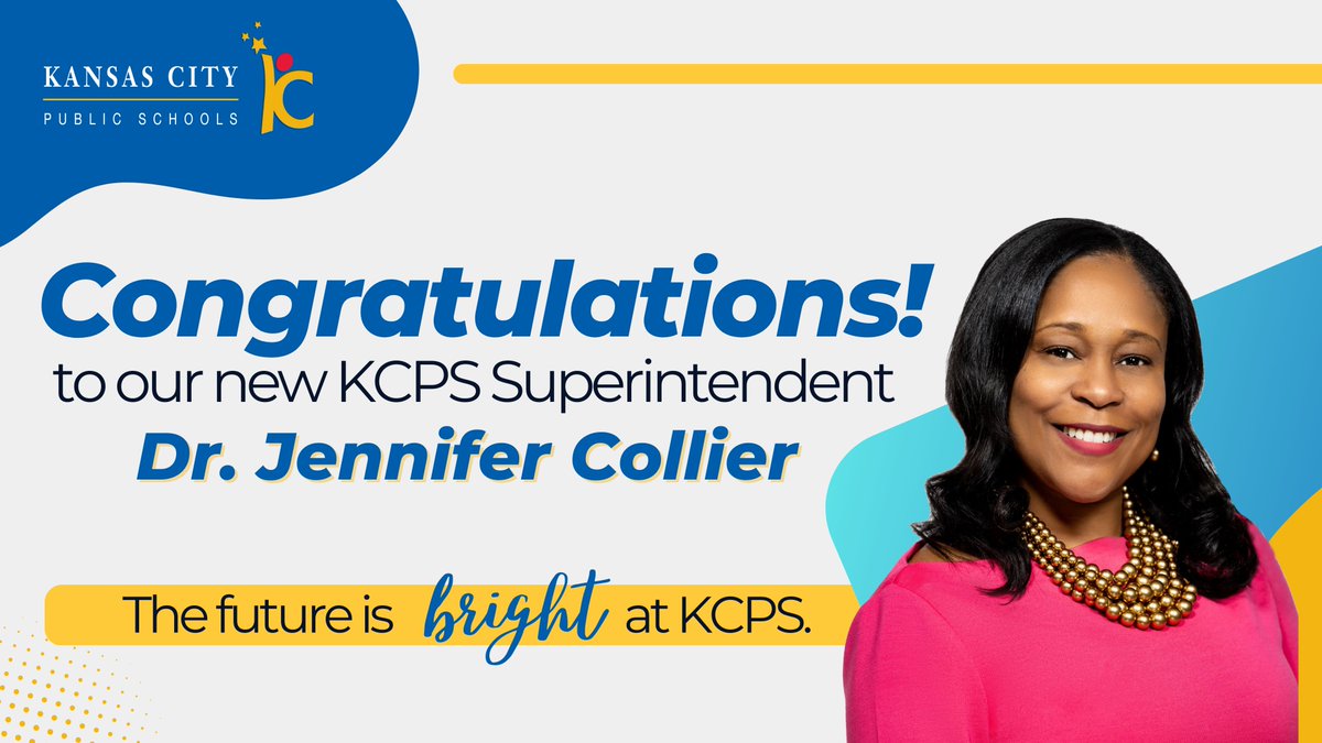 KCPS (@kcpublicschools) on Twitter photo We are thrilled to announce Dr. Jennifer Collier as the Kansas City Public Schools superintendent! <a href="/drjencollier/">Dr. Jennifer Collier</a>, the first woman and first Black woman to serve as #KCPS superintendent, will continue her 23-year career right where it started, in #KansasCity. #KCPSisKansasCity We are thrilled to announce Dr. Jennifer Collier as the Kansas City Public Schools superintendent! <a href="/drjencollier/">Dr. Jennifer Collier</a>, the first woman and first Black woman to serve as #KCPS superintendent, will continue her 23-year career right where it started, in #KansasCity. #KCPSisKansasCity