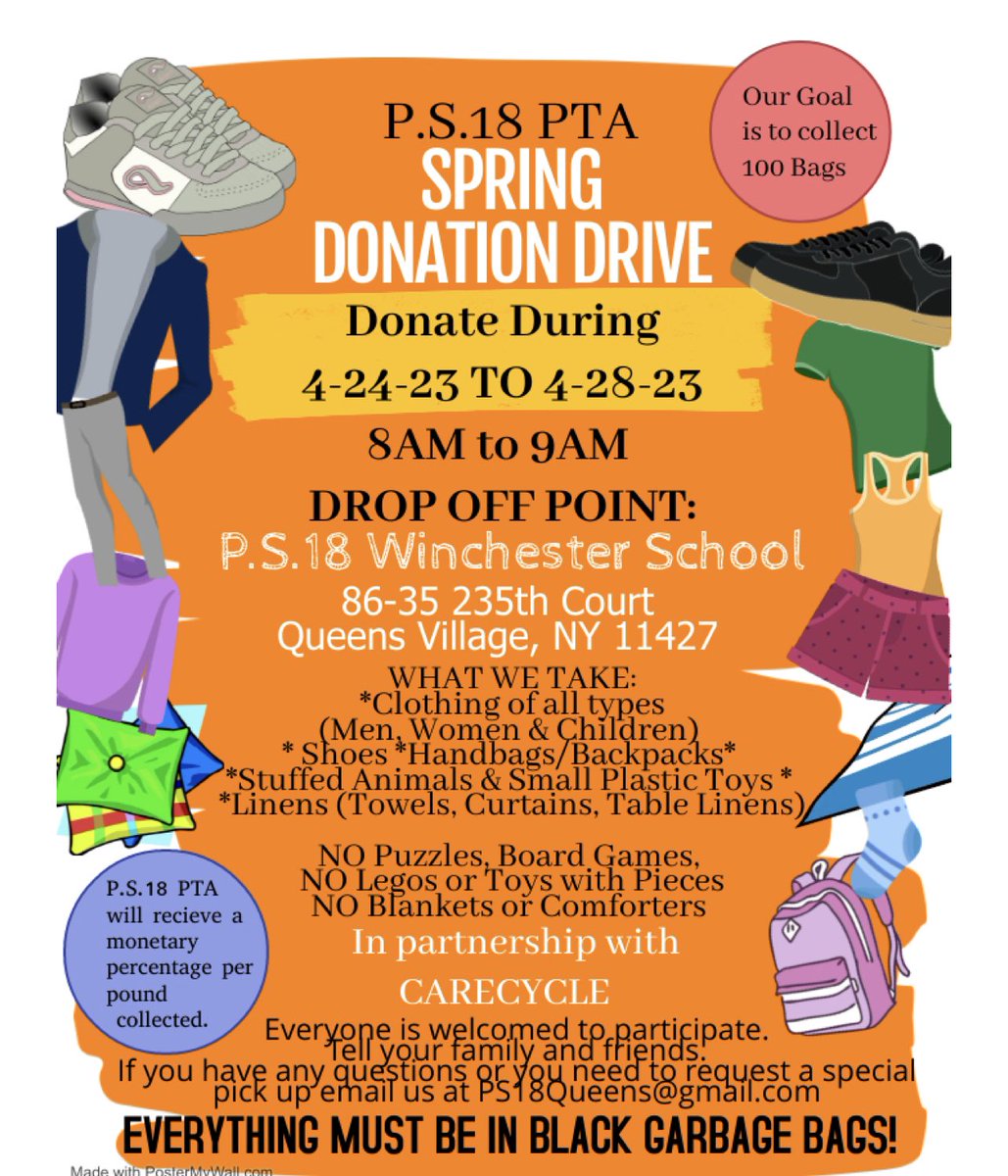 PS18_PTA's tweet photo. 👚🧣🧤🧢SAVE THE DATES👙👖🧥🧦🧸
🔷Start cleaning out your closets🔷
🔷Tell your family and friends 
🔷This is for the entire community 
🔷Our goal is 1️⃣0️⃣0️⃣ bags https://t.co/7Ih6lvWrFm