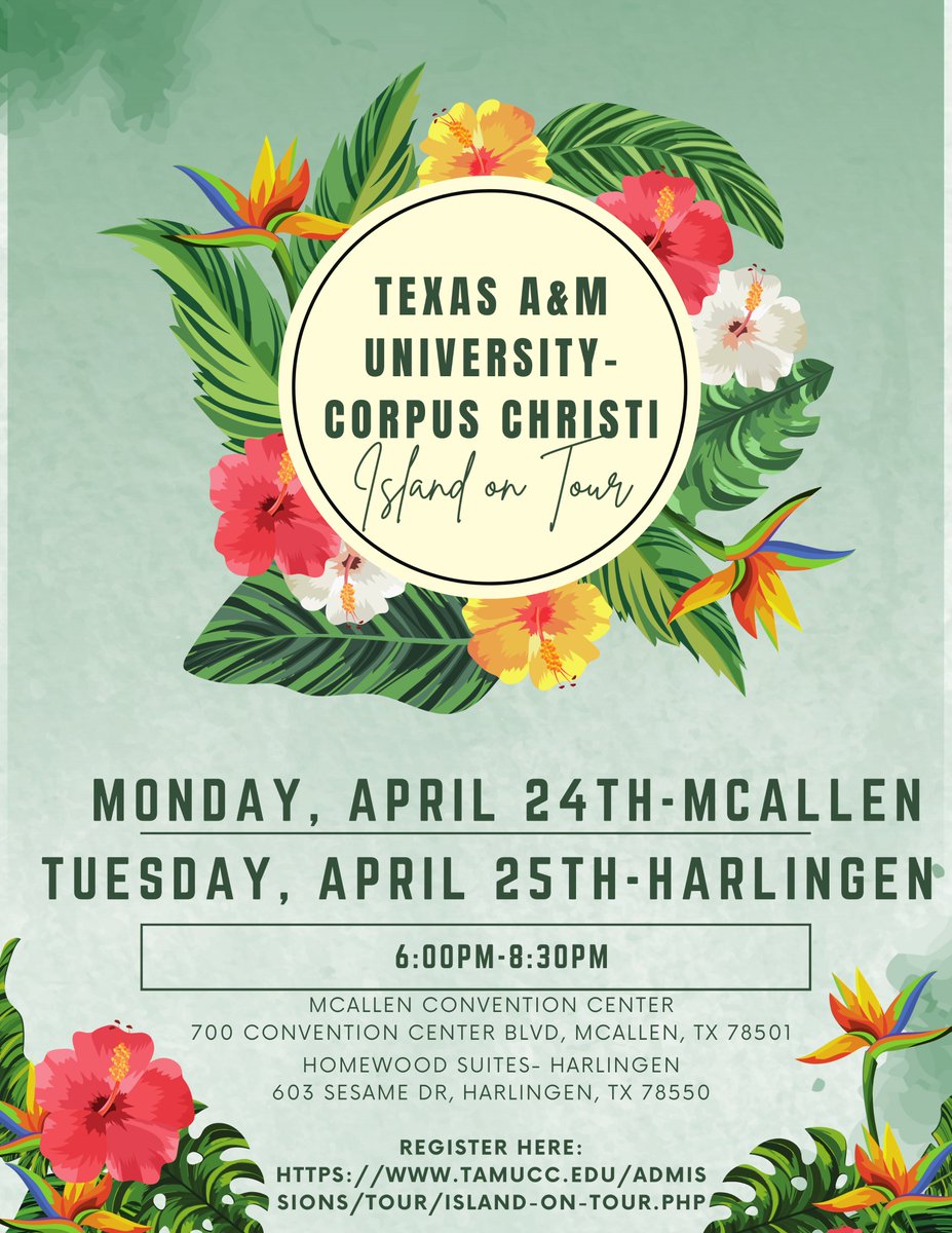 <a href="/losfresnoshigh/">Los Fresnos High</a> Seniors, Texas A&amp;M University-Corpus Christi's upcoming "Island on Tour" will take place April 24 (McAllen) &amp; April 25 (Harlingen) from 6pm-8:30pm! Future Islanders will learn next steps towards enrollment! <a href="/IslandCampus/">Texas A&M-Corpus Christi</a> 
Register👇: tamucc.edu/admissions/tou…