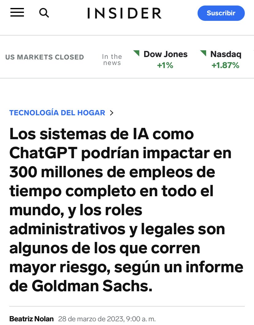AbogadoDiabIo's tweet photo. Según Goldman Sachs hasta  300 millones de empleos podrían perderse por culpa de la IA y ChatGPT. A este informe se suma el de ciento de ejecutivos y Elon Musk para frenar a la IA. https://t.co/fpLaSPn6om