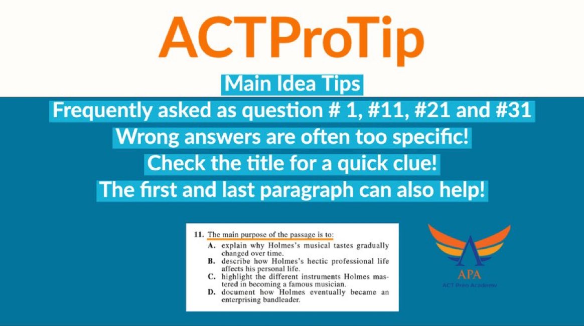 #ACTProTip READING

Main Idea Question Tips

Wrong answers are often too specific! 
Check the title for a quick clue!  
The first and last paragraph can also help!

#ACTPrep #SAT #SATprep #SATpractice #ACT #ACTprep #ACTpractice #testprep m#collegeadmissions #tutor #sattestprep
