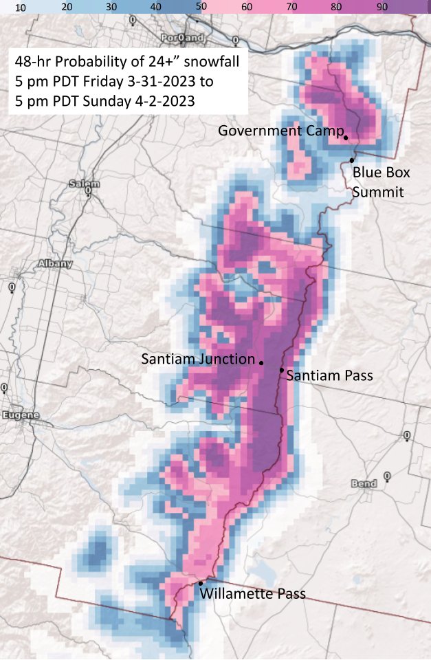 NWSPortland's tweet photo. There is a 60-80% chance of 2+ feet of snow through the Cascade passes Friday-Sunday. Prepare for potentially hazardous travel conditions in the Cascades this weekend. Check the latest forecast at https://t.co/3SFImIxo7o &amp; always carry emergency supplies. #ORwx #WAwx https://t.co/vuwa8DaDwc
