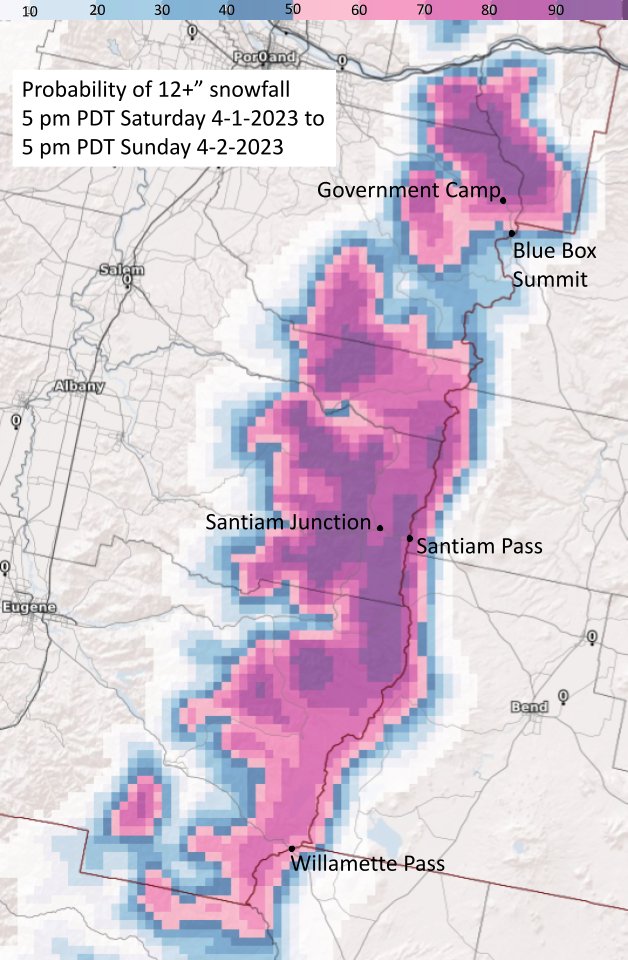 NWSPortland's tweet photo. There is a 60-80% chance of 2+ feet of snow through the Cascade passes Friday-Sunday. Prepare for potentially hazardous travel conditions in the Cascades this weekend. Check the latest forecast at https://t.co/3SFImIxo7o &amp; always carry emergency supplies. #ORwx #WAwx https://t.co/vuwa8DaDwc
