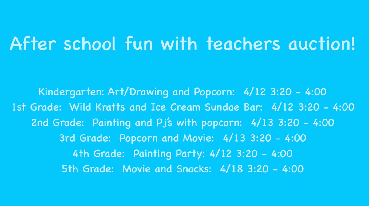 NorrisPTAFrisco's tweet photo. Norris Carnival Silent Auction - Opportunity to spend more time with teacher !!
Love your teacher?  Now your kiddos could spend even more time with them doing something fun after school!  Come to the Auction at the carnival and bid on some after school fun with them! https://t.co/VO6J8A14Xq