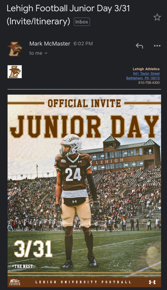 Swain4_'s tweet photo. Thank you @LU_CoachMac for the invite. I can not make it because of school sports but I would love to visit in the future!!

@CoachBearfield @LehighFootball @CoachBozym @RecruitLUFB @coach_cahill @afiddler16 @PHPatriotsFB @LTJnsn https://t.co/uMxQeIge8t