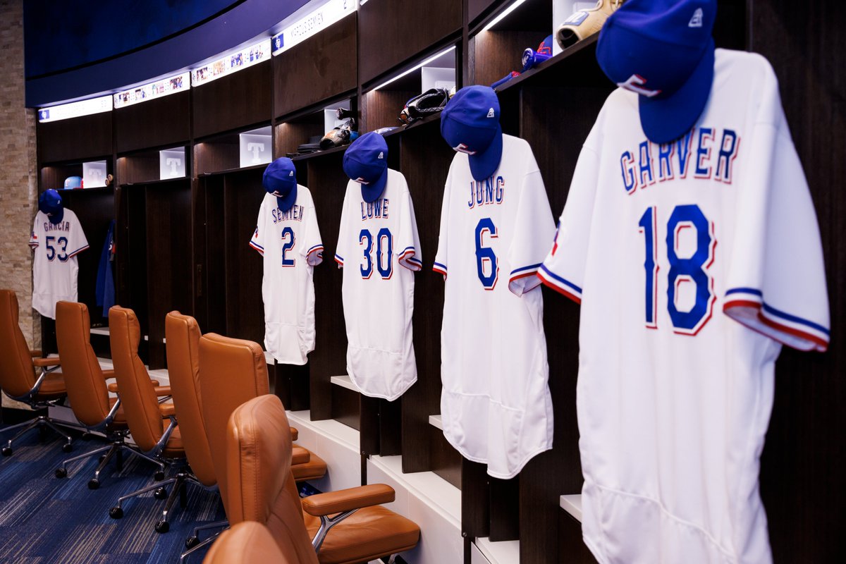 Rangers's tweet photo. The jerseys were hung by the lockers with care, in hopes that Opening Day soon would be there. https://t.co/r0S4gJcJna