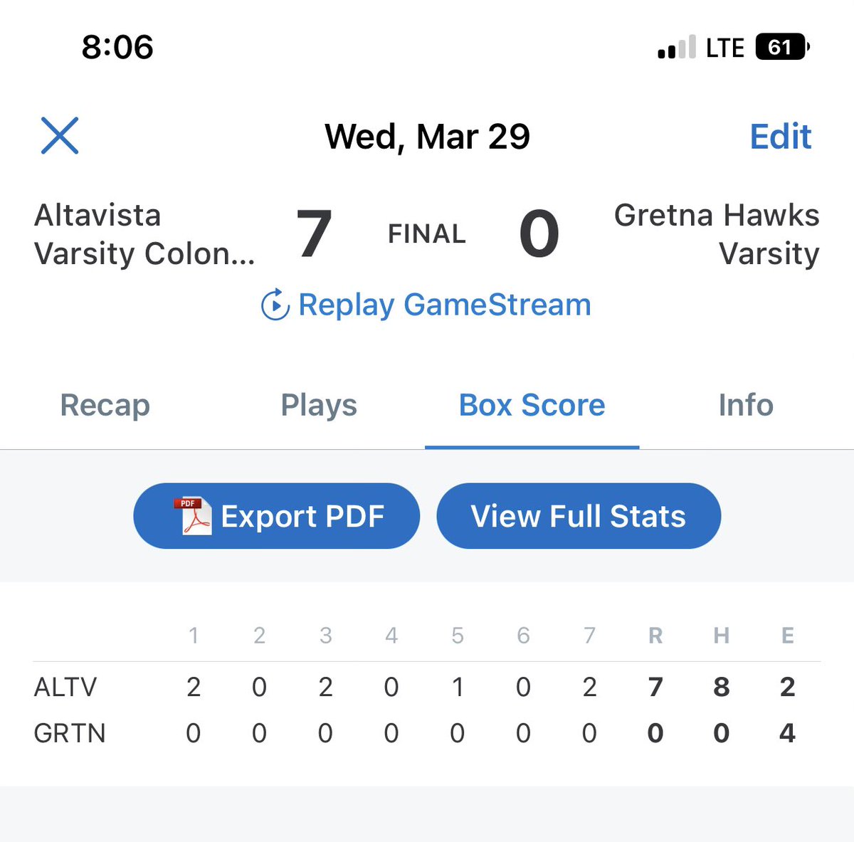 Avcolonelsbsb's tweet photo. Combined no hitter tonight by @RobinsonNehki and @ethaninge07 against Gretna. Ethan getting it done at the plate as well going 3-3 with a HR and double. https://t.co/3fUBiHGlBZ