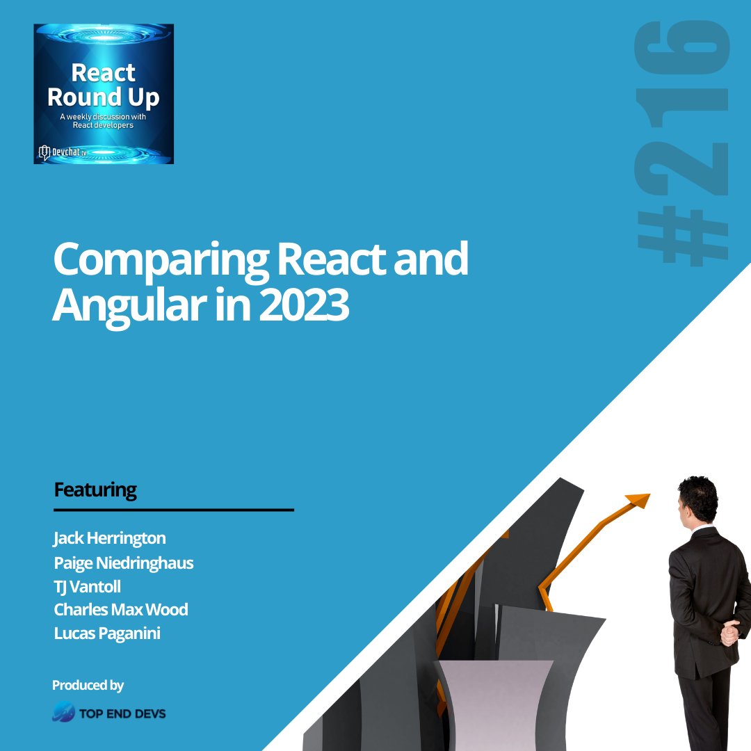 Check out this week's episode of #ReactRoundUp with <a href="/cmaxw/">Charles Max Wood | chuck@topenddevs.social</a> and <a href="/LucasPaganini/">Lucas Paganini</a>

#RRU: Comparing React and Angular in 2023

rfr.bz/t5mfrkn