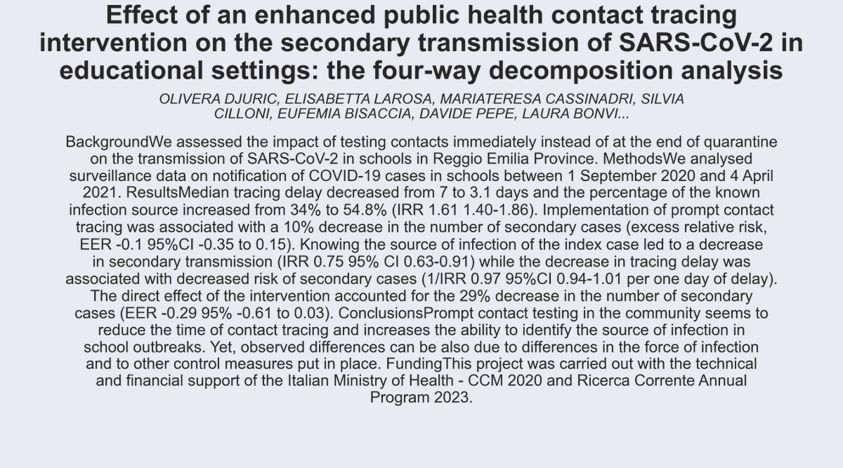 𝗧𝗶𝘁𝗹𝗲: Effect of an enhanced public health contact tracing intervention on the secondary transmission of SARS-CoV-2 in educational settings: the four-way decomposition analysis.
𝗔𝘂𝘁𝗵𝗼𝗿𝘀: Olivera Djuric, Elisabetta Larosa...
medrxiv.org/cgi/content/sh…