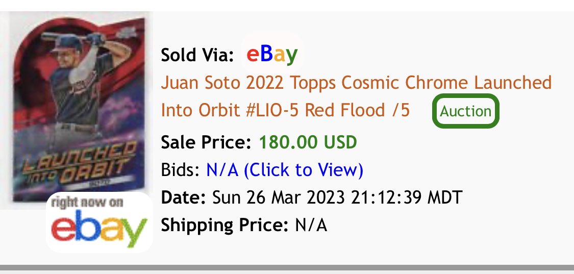 cardtrdr67's tweet photo. Hey errbody. Looking to TRADE! Current card is this sick Soto /5 from 2022 Cosmic Chrome. Looking for 1 card in return. TV of $180 or so. Recent comp attached. https://t.co/M336FwbLZm