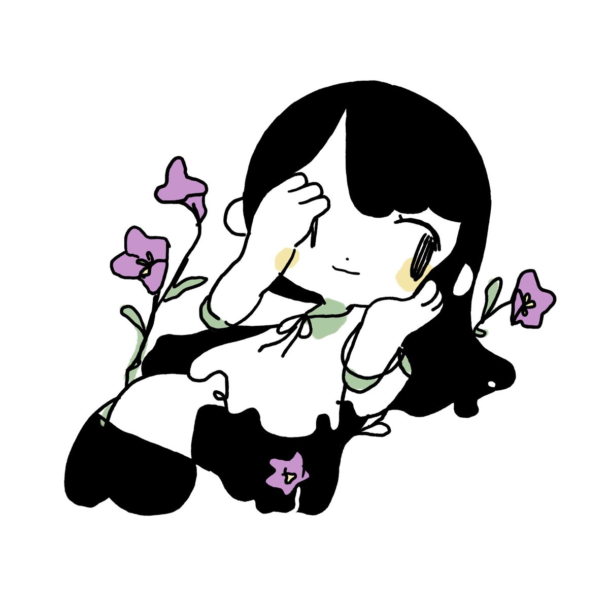 1girl flower solo black hair purple flower white background long hair  illustration images