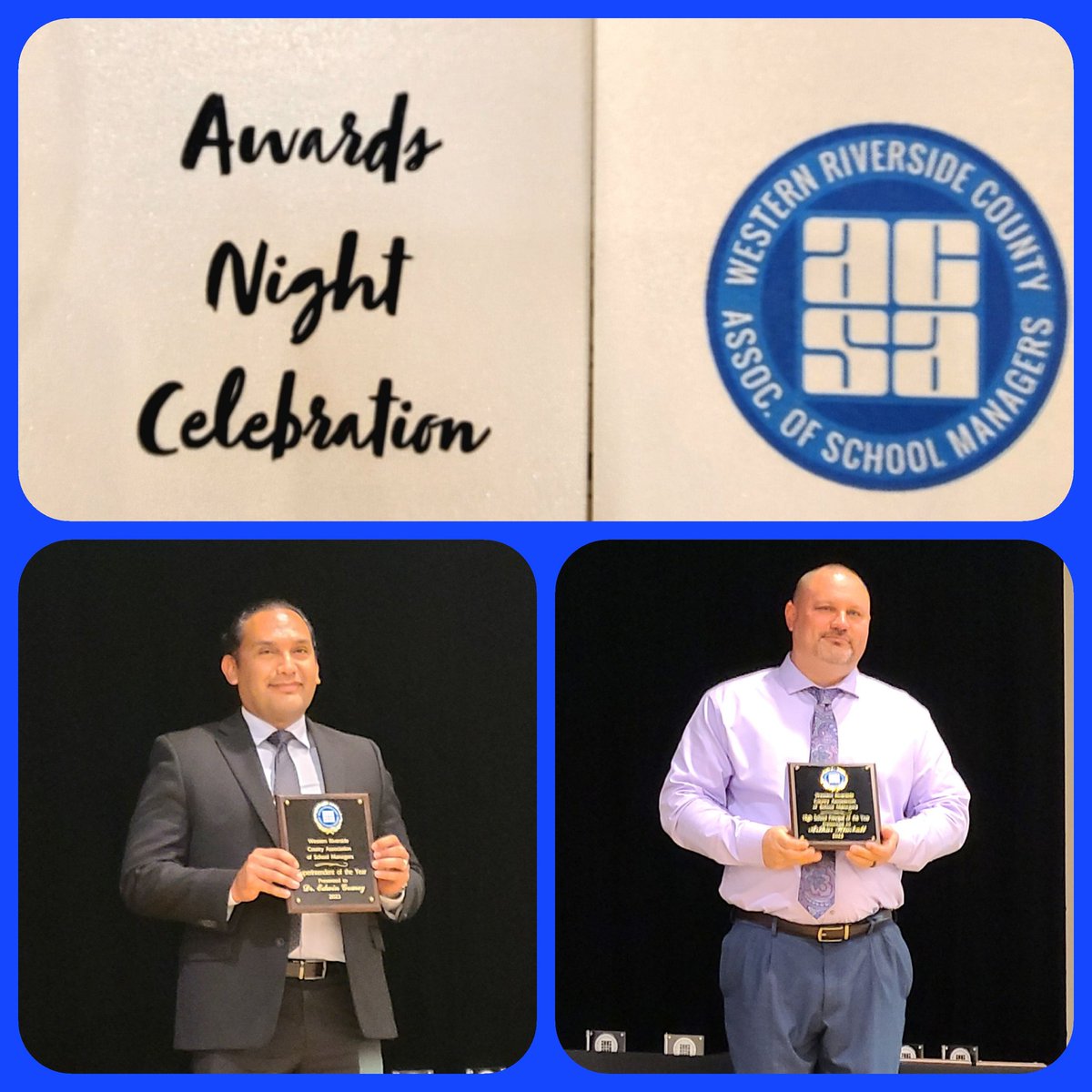 Celebrating our own tonight at the WRCASM Awards. Congratulations  Dr. Gomez and Mr.Kimbal! @RCOE #RCOE #greatleaders #AltEd #Countyleaders #RivCo