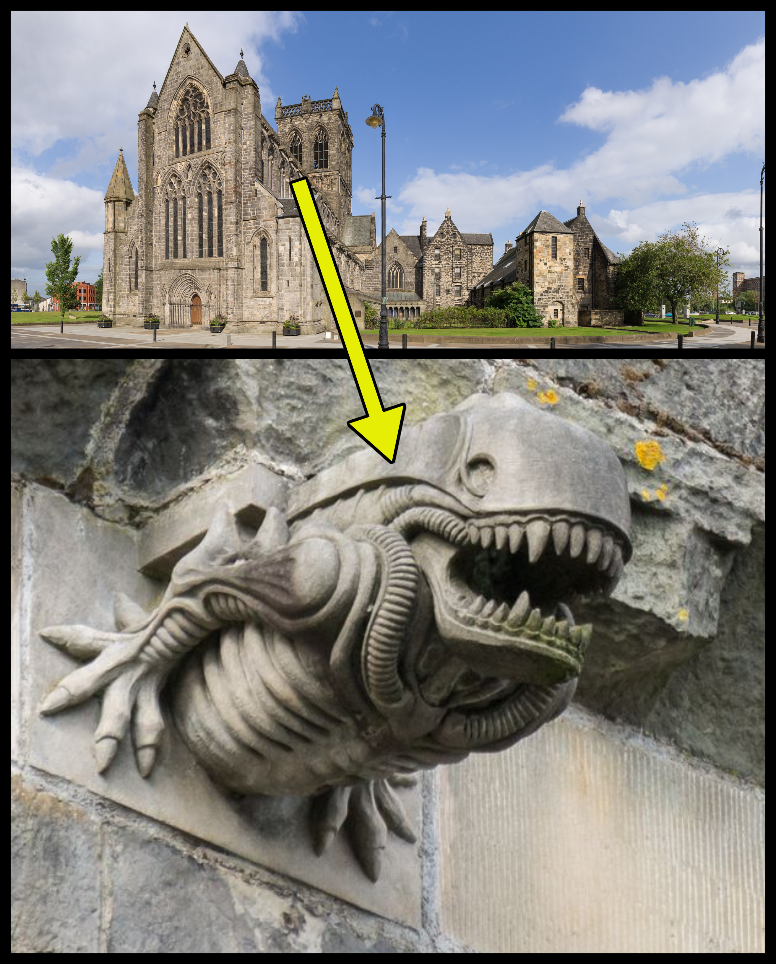 In the early 1990s a stonemason secretly carved a Xenomorph from the Alien films onto a 700 year old
