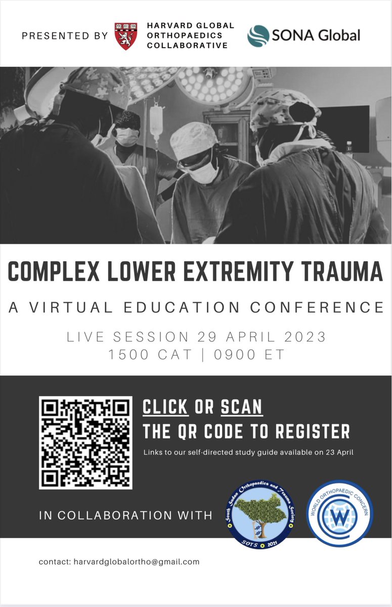 Kiran Agarwal-Harding (@kiranharding) on Twitter photo Please join us for our next <a href="/OrthoGlobal/">Harvard Global Orthopaedics Collaborative</a> free virtual education conference on complex lower extremity #trauma in partnership with <a href="/SS_trauma/">South Sudan Orthopaedics and Trauma Society</a>. 29 April 2023, register here: forms.gle/1SGwoCsDq5VoyF… <a href="/madisonbrian85/">Brian Madison, MD</a> <a href="/harvardortho/">harvardortho</a> <a href="/HarvardPGSSC/">Harvard Global Surgery</a> <a href="/SIGNtweeter/">SIGN Fracture Care</a> Please join us for our next <a href="/OrthoGlobal/">Harvard Global Orthopaedics Collaborative</a> free virtual education conference on complex lower extremity #trauma in partnership with <a href="/SS_trauma/">South Sudan Orthopaedics and Trauma Society</a>. 29 April 2023, register here: forms.gle/1SGwoCsDq5VoyF… <a href="/madisonbrian85/">Brian Madison, MD</a> <a href="/harvardortho/">harvardortho</a> <a href="/HarvardPGSSC/">Harvard Global Surgery</a> <a href="/SIGNtweeter/">SIGN Fracture Care</a>