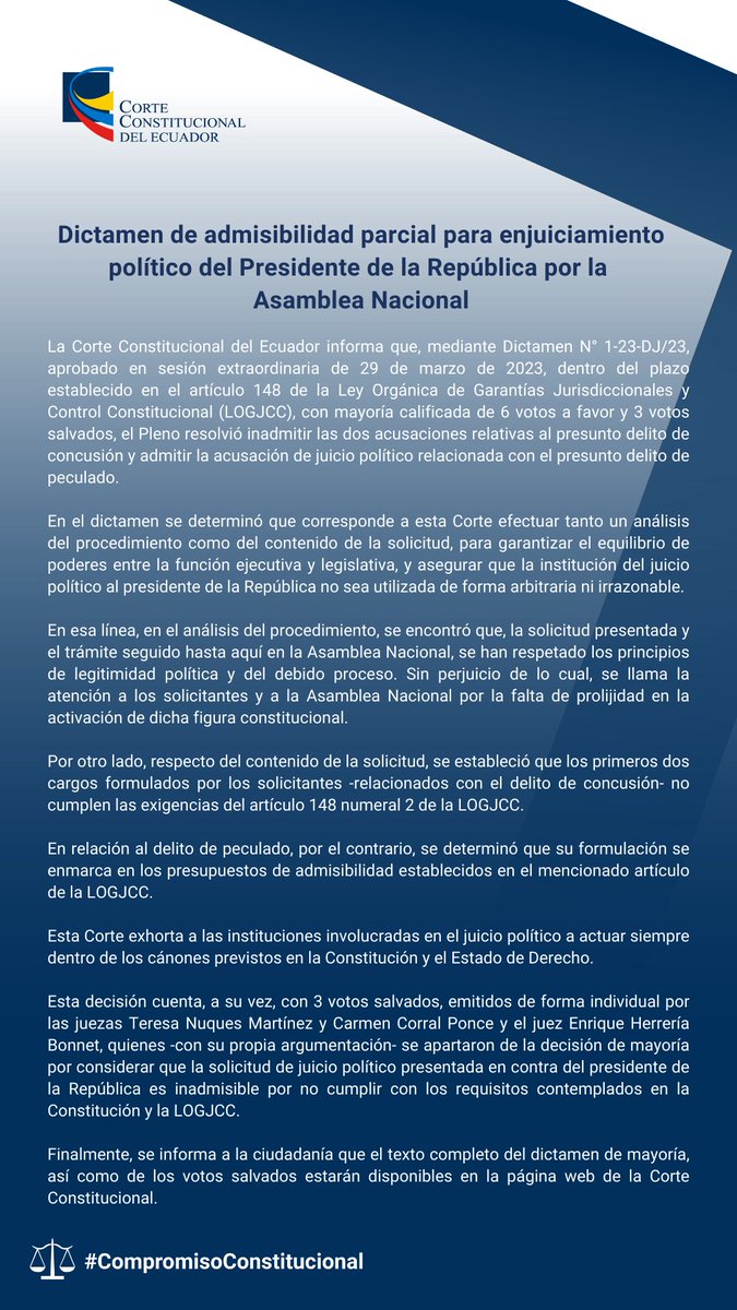 CorteConstEcu's tweet image. 🔵IMPORTANTE | Mediante Dictamen N° 1-23-DJ/23 la mayoría del Pleno de este Organismo resolvió inadmitir las dos acusaciones relativas al presunto delito de concusión y admitir la acusación de juicio político relacionada con el presunto delito de peculado. #BoletínCC