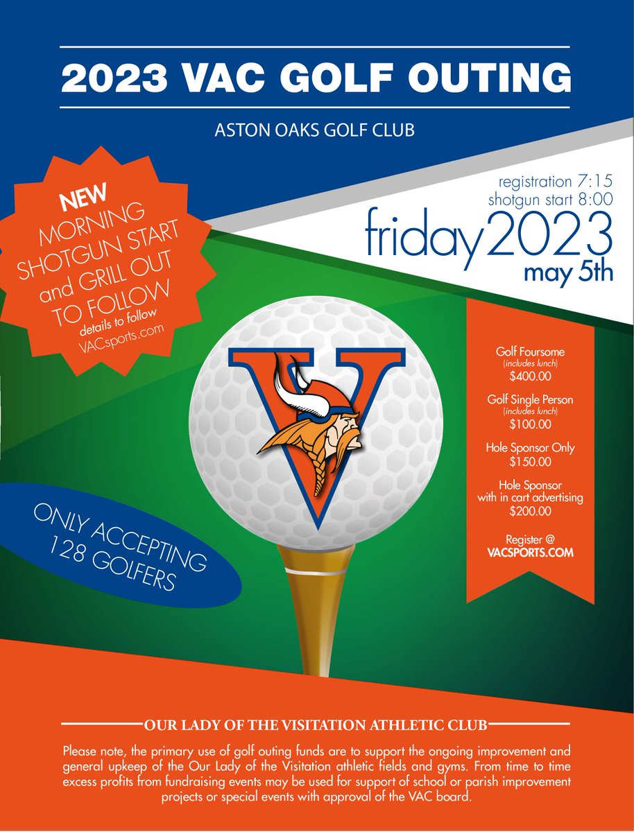Time to break out the golf clubs &amp; join us for the 2023 VAC Golf Outing, Friday, May 5th, 8:00AM @ Aston Oaks Golf Club.
Visit our website vacsports.com, &amp; VAC Golf Outing tab for details and registration. There is a max of 128 players this year, so sign up quickly!