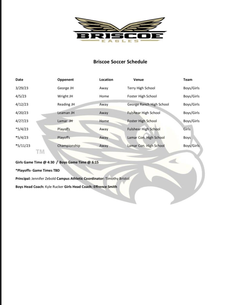 Briscoe Soccer Schedule #PTN <a href="/briscoe_eagles/">Briscoe Junior High</a> <a href="/FosterSoccer/">FHS Women’s Soccer</a> <a href="/FosterSoccerMen/">Foster Mens Soccer</a> <a href="/FHSABC_TX/">FHSABC</a> <a href="/fbheraldsports/">Fort Bend Herald sports</a> @FBHeraldNick <a href="/briscoe_eagles/">Briscoe Junior High</a> <a href="/BJHGirlsAth/">BJHGirlsAthletics</a>