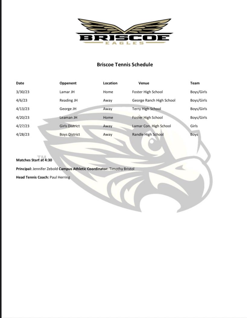 Briscoe Tennis Schedule #PTN <a href="/briscoe_eagles/">Briscoe Junior High</a> <a href="/FHS_TennisCoach/">Foster HS Tennis</a> <a href="/FHSABC_TX/">FHSABC</a> <a href="/fbheraldsports/">Fort Bend Herald sports</a> @FBHeraldNick <a href="/briscoe_eagles/">Briscoe Junior High</a> <a href="/BJHGirlsAth/">BJHGirlsAthletics</a>