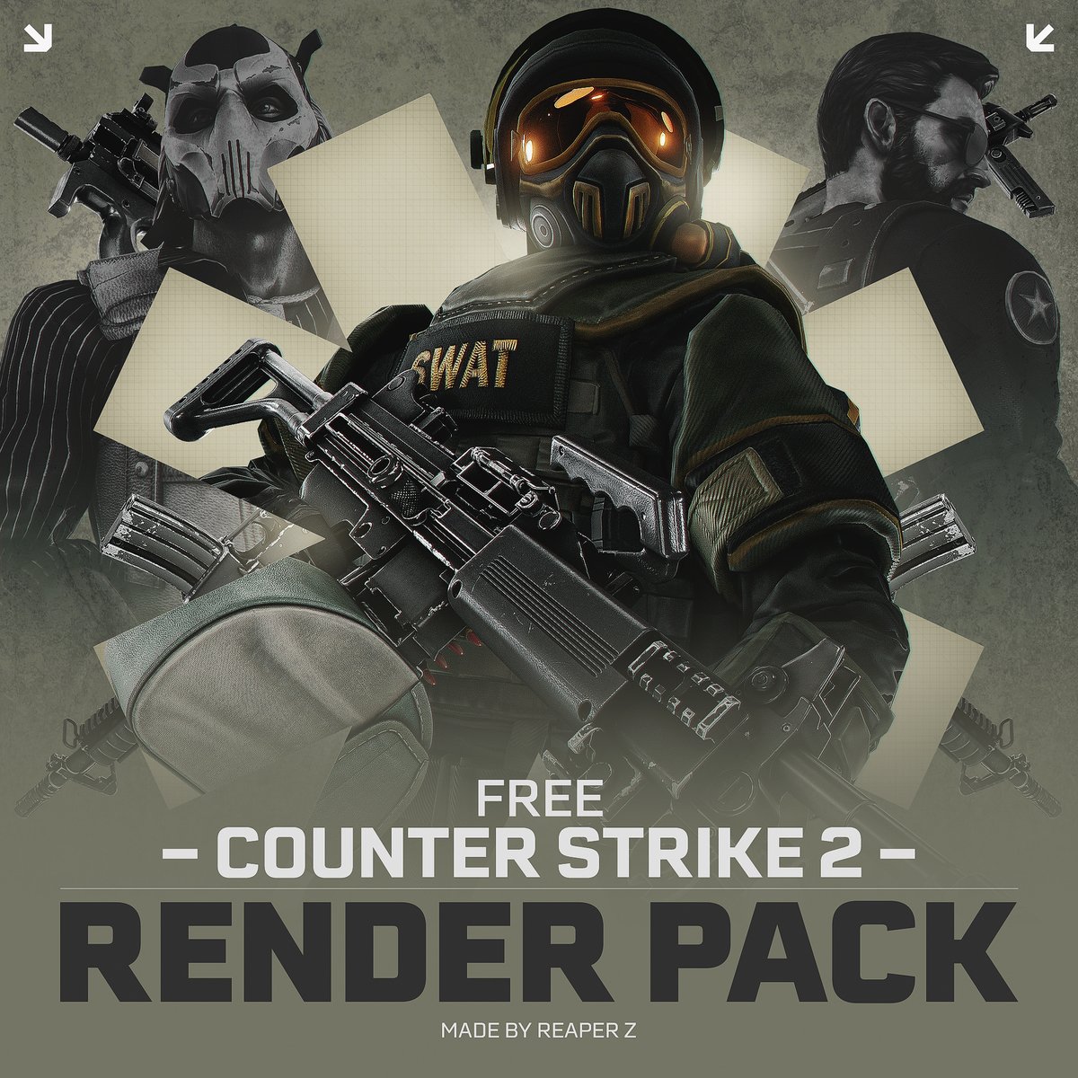 REAPER_Z_'s tweet image. Free Counter Strike 2 Render Pack Vol. 1

Models credits for: @AKutuza 

For obtain link follow next steps:

- Follow: @REAPER_Z_ 
- RT
- Like this post
- &amp;amp; Dm me