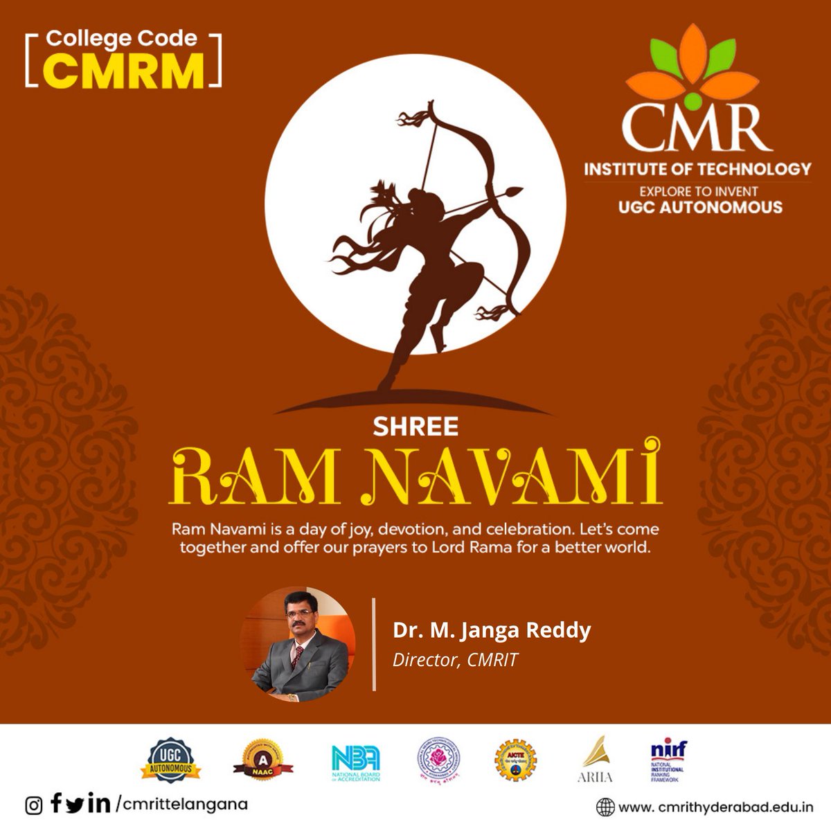 CMRITTelangana's tweet image. Wishing you a very happy Sri Rama Navami! May Lord Rama bless you all with strength, wisdom, and devotion to overcome all obstacles and lead a fulfilling life.🙏 🙏 🥳 

#happysriramanavami #cmrit #cmrinstituteoftechnology #lordramablessings