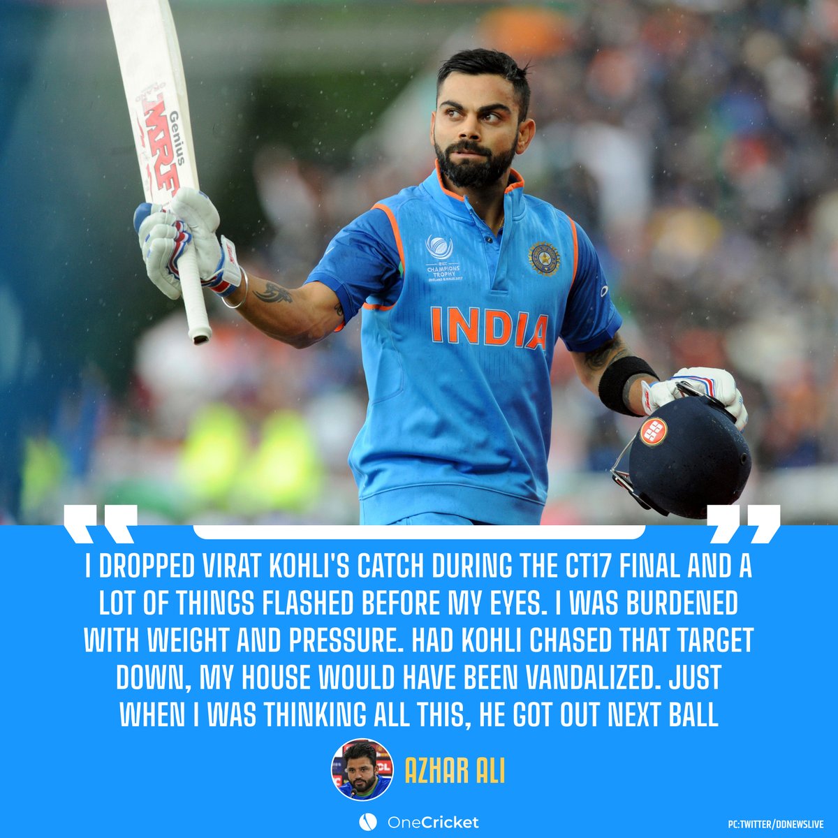 OneCricketApp's tweet photo. Major revelation from former Pakistan batter Azhar Ali, who dropped a Virat Kohli catch during the final of 2017 Champions Trophy!

However, the drop did not prove to be costly as Kohli was caught at Point, the next delivery from Mohd. Amir!

#INDvsPAK #ViratKohli #CTFinal2017 https://t.co/96MJf1xNbZ