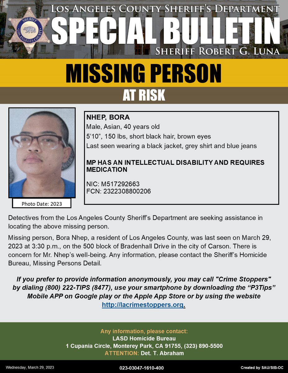 LASDHQ's tweet photo. #LASD is Asking for the Public's Help Locating At-Risk Missing Person, Bora Nhep, #Carson
https://t.co/bOj8s0k2BJ https://t.co/zjdGOWFiMe