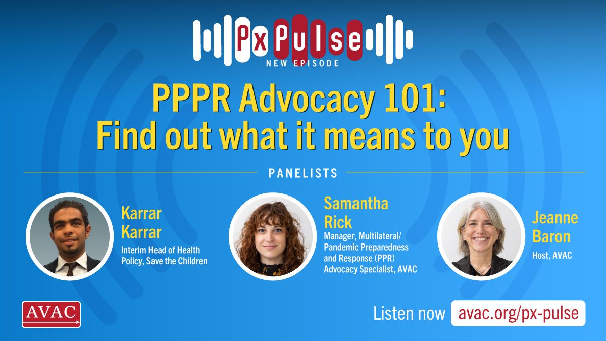 Listen to the latest episode of PxPulse, where Karrar Karrar @SavetheChildren and @hellosamrick @HIVpxresearch talk about Pandemic Preparedness Advocacy, what it means to you and how to engage ahead of the series of key moments coming up. 
avac.org/podcast/pppr-a…
#PPR #PPRHLM