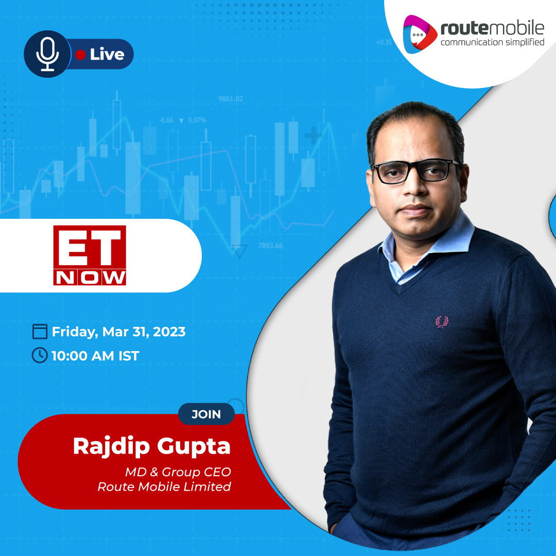 routemobile's tweet photo. Watch our MD & Group CEO, Rajdip Gupta (@RouteSms) #LIVE at 10 am IST tomorrow on @ETNOWlive, as he talks about our financial highlights and new developments.
#ETNOW #LiveInterview #FY23 #CPaaS #FinancialResults #NewsFeature #RouteMobile #RouteItRight https://t.co/ppvFbn9H04