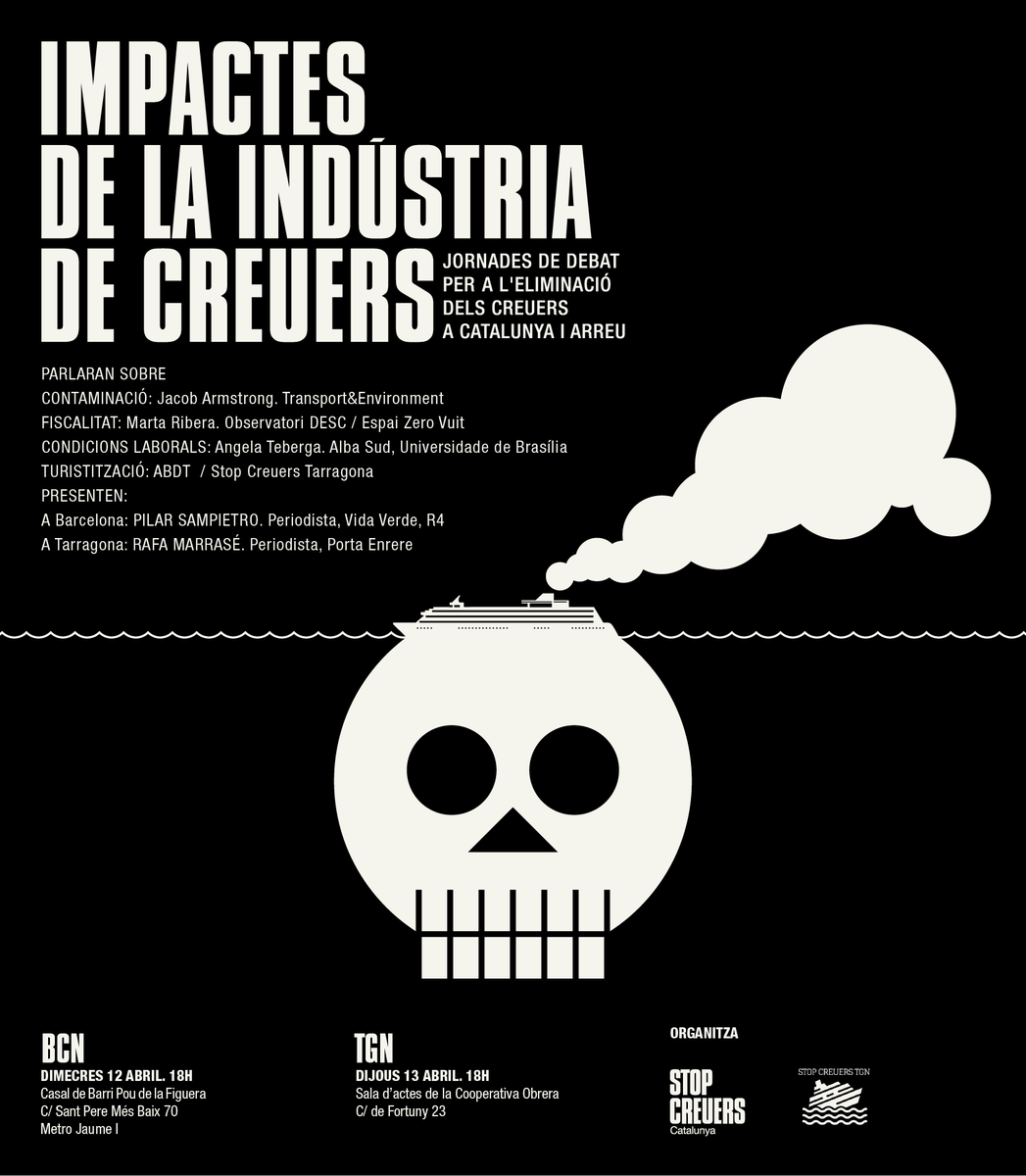 IMPACTES CREUERS
Contaminació: Jacob Armstrong <a href="/transenv/">T&E (🦋 find us @transportenvironment.org)</a>
Fiscalitat: <a href="/martar49/">Marta Ribera Plencovich</a> @ObservaDESC/<a href="/espaizerovuit/">espaizerovuit</a>
Treball: Angela Teberga <a href="/ALBA_SUD/">Alba Sud</a>
Turistització: #ABDT
Dx 12/4 18h <a href="/CasalPou/">CasalBarriPouFiguera</a> #Bcn <a href="/PilarSampColom/">Pilar SampietroColom</a>
Dj 13/4 18h Coope Obrera #Tgn <a href="/rafamarrase/">Rafa Marrasé</a>
#StopCreuers
#SetmanaStopCreuers