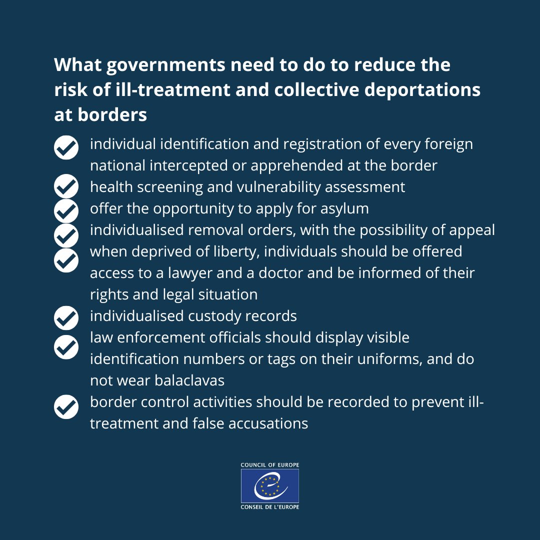 coe's tweet photo. Council of Europe’s Committee for the Prevention of Torture (@CoE_CPT) calls on European governments to put an end to pushbacks and prevent ill-treatment of foreign nationals at borders.
Read CPT's annual report for 2022 ⬇️
https://t.co/Y7wGQzNXzz
#NoTorture #EndPushbacks