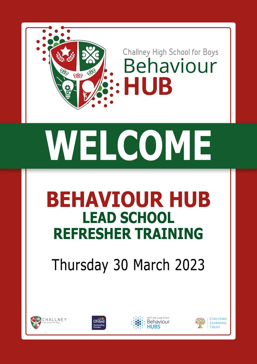 ChallneyBoys's tweet photo. BEHAVIOUR HUB LEAD SCHOOL REFRESHER TRANING DAY
A very BIG welcome to all of the Lead Schools travelling to the @educationgovuk #BehaviourHub refresher training event being hosted @ChallneyBoys today. #Routines #DepartmentForEducation #ChallneyGentlemen #WarmWelcome https://t.co/4Wtiqnh1vl