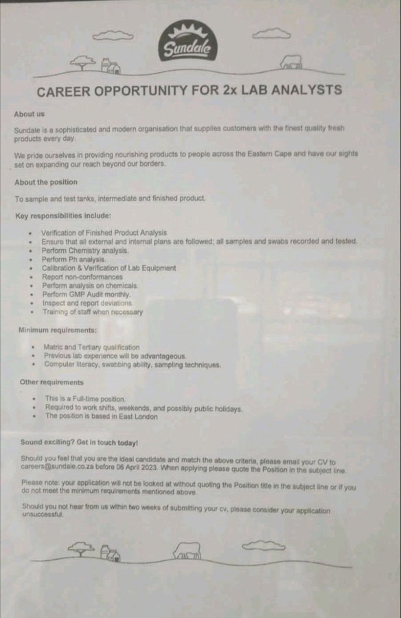 fastplumsza's tweet photo. Lab Analysts X2

Closing Date 06 April 2023 

Email: careers@sundale.co.za https://t.co/EfUGRXZZQd