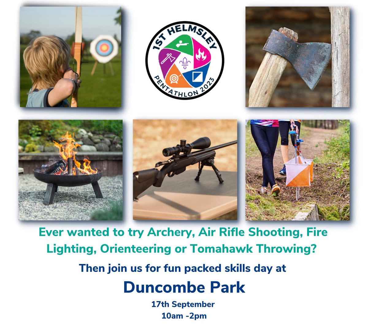 This year we are hosting our 1st ever Pentathlon -Sun 17th Sep at @DuncombePark - open to ALL
We are looking for few volunteers to help for a few of hours on a  fun, family day!  Please share and get in touch via enquiries@1sthelmsleyscouts.org.uk 
@gazetteherald @VisitHelmsley