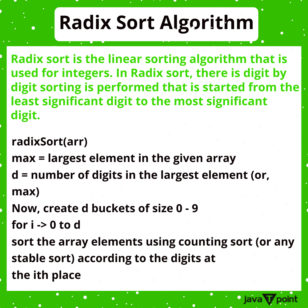 Bhavana83491661's tweet image. Radix Sort Algorithm
.
.
.
.
for more information
bit.ly/3M1l47Q
check the above link
.
.
.
.
#insertionsort #radixsort #heapsort #countingsort #datastructure #computerscience #stack #queue #lifo #fifo #computerengineering #javatpoint