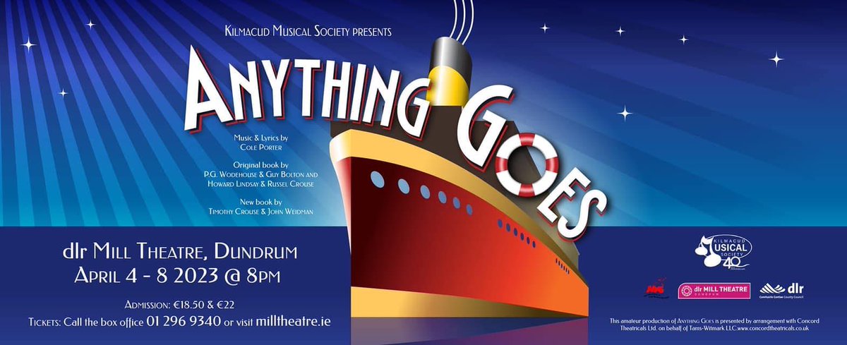 Best of Luck <a href="/KilmacudMusical/">Kilmacud Musical Soc</a> with Anything Goes which runs from Tuesday 4th to Saturday 8th of April.
Head along to see this de-lovely show!
So go audience go as they bring anything, everything for a kick of a fabulous night out! #kickfromshow #everyonego xx😉