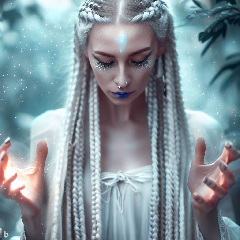 ChristianG1984_'s tweet photo. #bingimagecreator 
Prompt:
A real photo of a picture-perfect mystical woman, who is a mixture of elf, fairy and angel. She has long straight hair with braids. Her eyes are shining and glowing magically. She is in a mystical forest. She is about to cast a powerful spell which ... https://t.co/xUu0jbZeeS