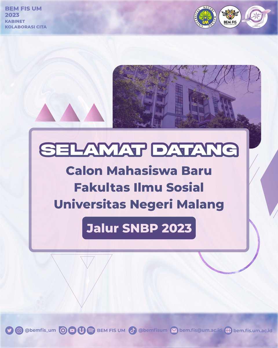 BEMFIS_UM's tweet photo. [SELAMAT DATANG CALON MAHASISWA BARU FIS UM JALUR SNBP 2023]
Halo, Mahasiswa FIS! 
Selamat bagi calon mahasiswa baru Fakultas Ilmu Sosial Jalur SNBP 2023 
Simak informasi mengenai tata cara registrasi akademik dan stay tuned di sosial media Bemfisum untuk informasi lebih lanjut. https://t.co/DlTFcZncE6
