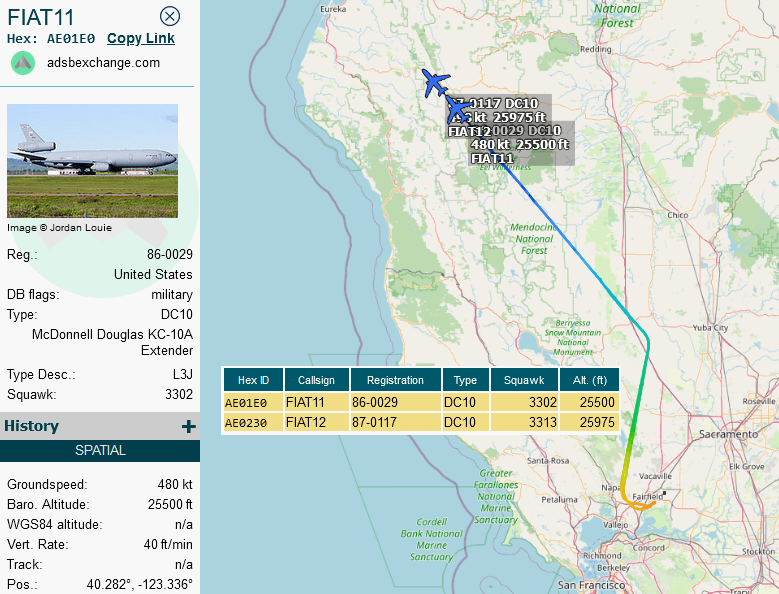 SirListenalot's tweet photo. Mar29 #KC10's #AE01EO #AE0230 as #FIAT11-12 departed Travis ~1600z on a round trip in order to support some westbound Barksdale #B52's as #FUME flight. https://t.co/E8iXGNlpHT