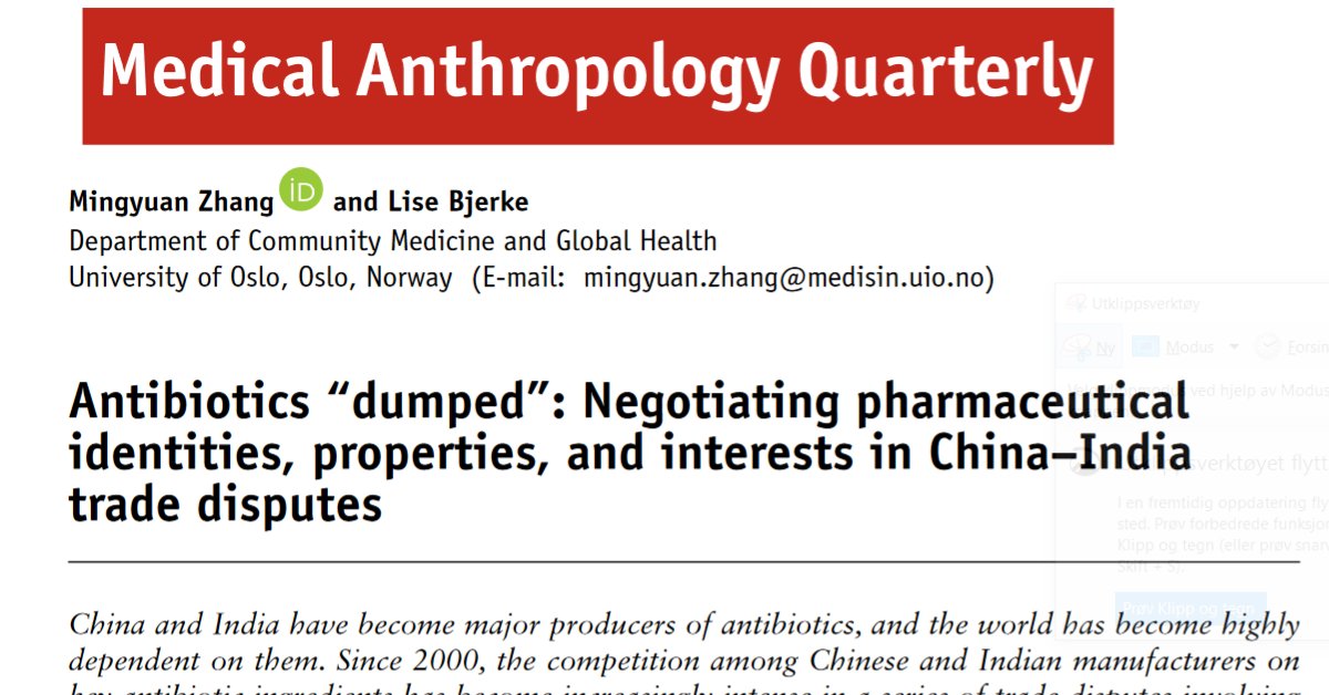 Mingyuan Zhang @kirkomaso and I have a new paper out! 🚨📰

We analyze #China-#India trade disputes on antibiotic #pharmaceutical ingredients, highlighting negotiation of identities, properties &amp; interests in global pharma supply chains💊🌏

🧵anthrosource.onlinelibrary.wiley.com/doi/10.1111/ma… <a href="/medanthq/">Medical Anthropology Quarterly</a>