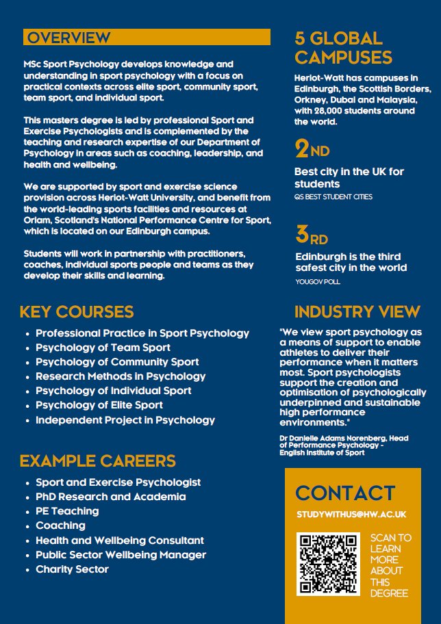 Psychology at Heriot-Watt (@hwpsych) on Twitter photo Announcement! We are launching MSc Sport Psychology <a href="/HeriotWattUni/">Heriot-Watt University</a> led by expert Sport and Exercise Psychologists, <a href="/pete_coffee/">Pete Coffee</a> & <a href="/jennifermeggs21/">Jennifer Meggs</a>. Study Sport Psychology in the vibrant city of Edinburgh, with exclusive opportunities through @OriamScotland
hw.ac.uk/uk/study/postg… Announcement! We are launching MSc Sport Psychology <a href="/HeriotWattUni/">Heriot-Watt University</a> led by expert Sport and Exercise Psychologists, <a href="/pete_coffee/">Pete Coffee</a> & <a href="/jennifermeggs21/">Jennifer Meggs</a>. Study Sport Psychology in the vibrant city of Edinburgh, with exclusive opportunities through @OriamScotland
hw.ac.uk/uk/study/postg…