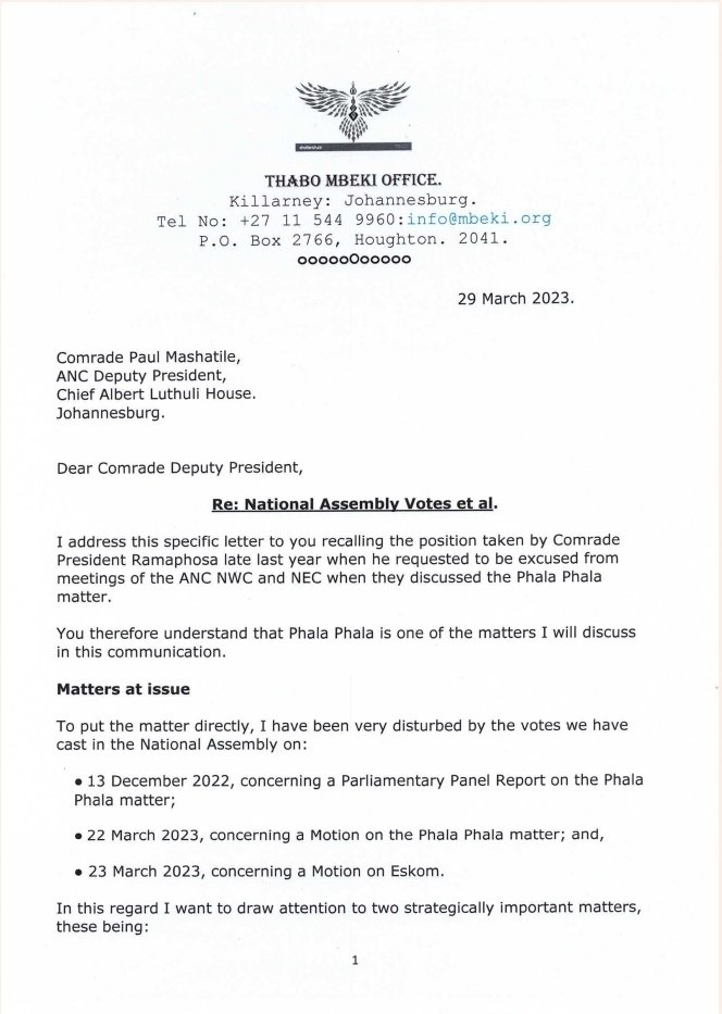 Gentlements's tweet photo. Breaking News | Thabo Mbeki sends a letter to the ANC Deputy President Paul Mashatile.

Concerns (Phala Phala Panel report and voting. 2. Motion of the Phala Phala matter. 3. Motion on Eskom’s crisis.) https://t.co/OFlv57GeCe