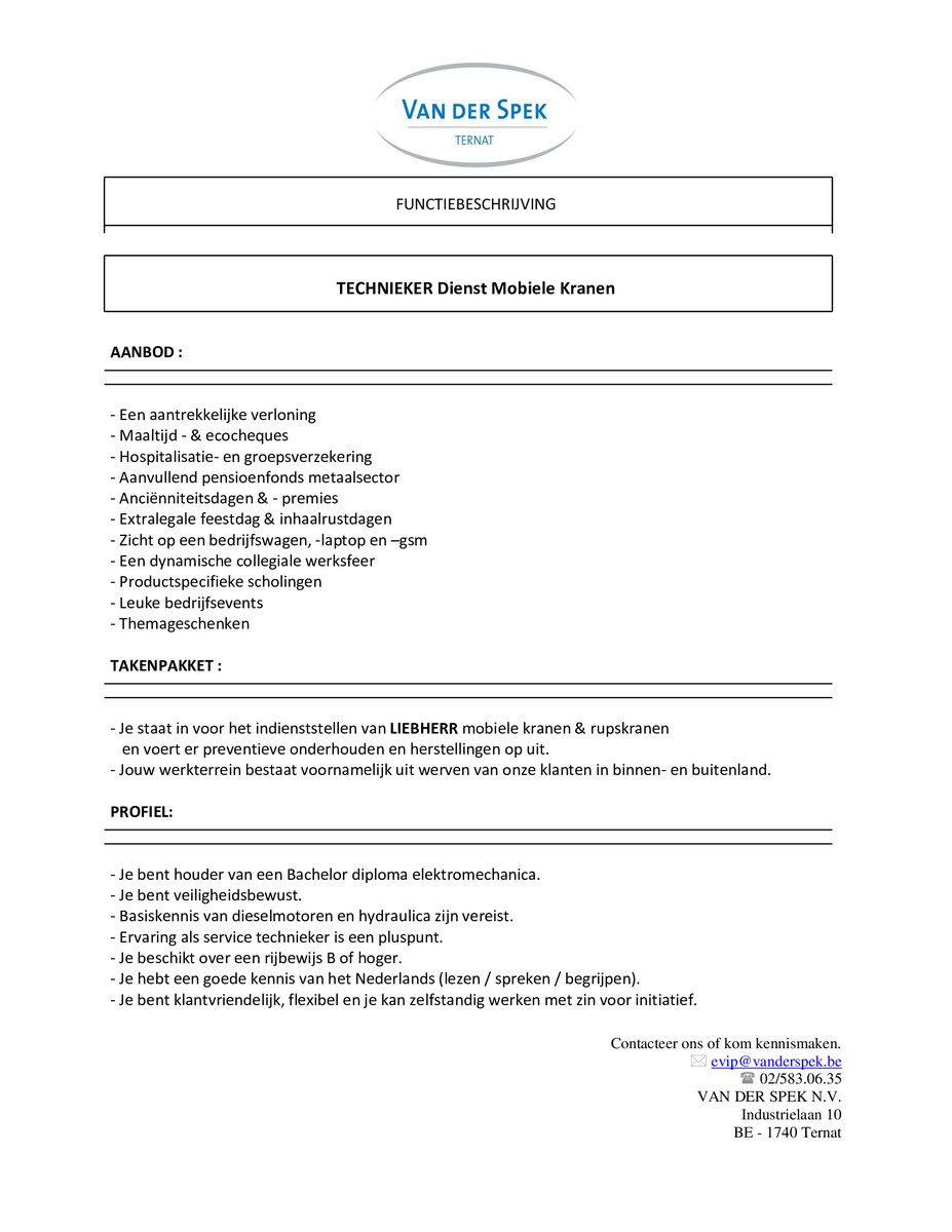 Van Der Spek is op zoek naar een technicus mobiele kranen.
Solliciteren kan via onze website of door je CV te mailen naar evip@vanderspek.be
